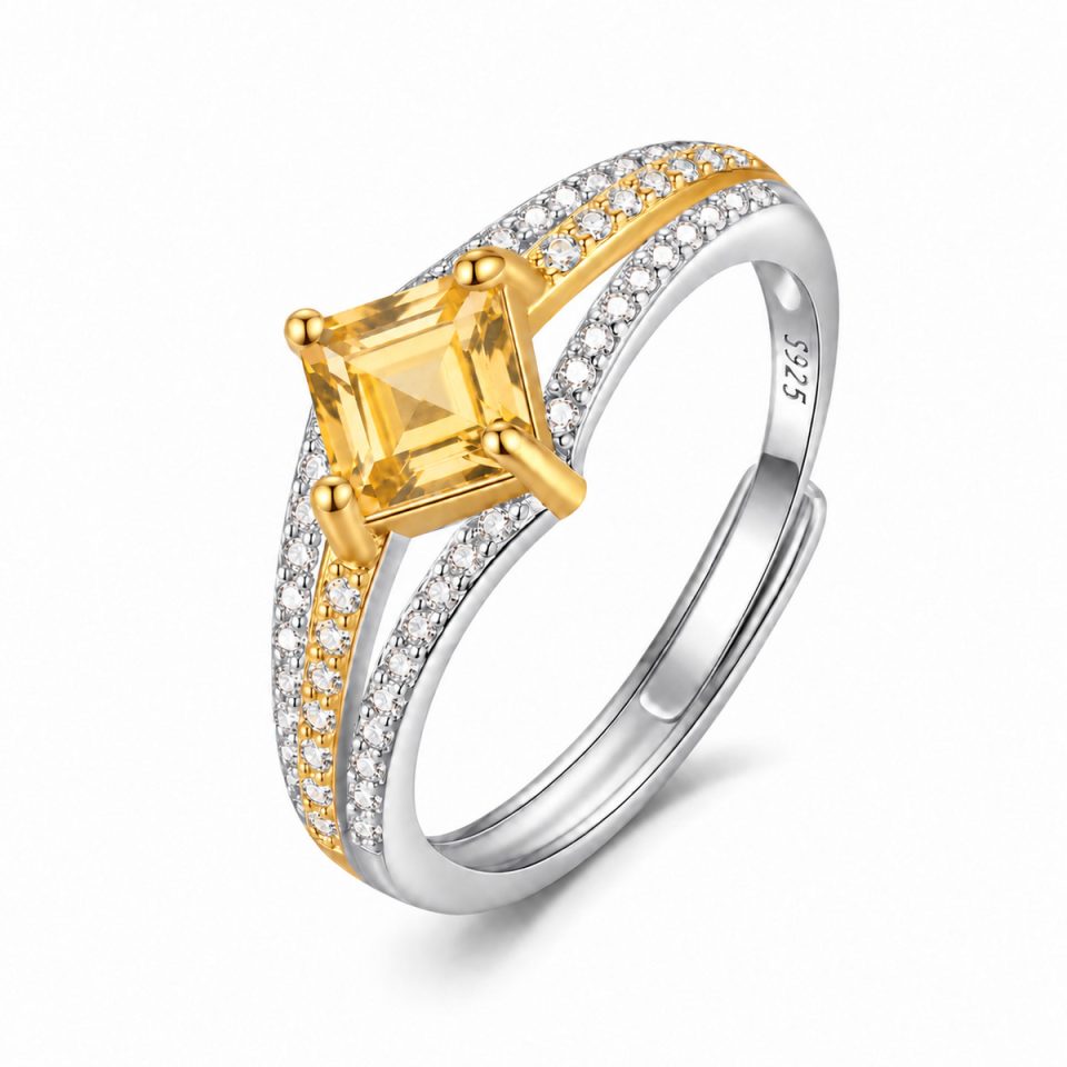 Square Cut Natural Gemstone Two Tone Pavé Adjustable Open Ring