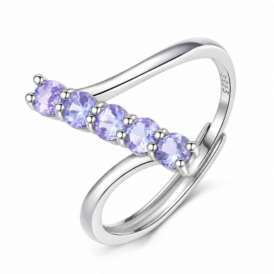 V‑Shaped Slanted Five Round Natural Gemstone Adjustable Open Ring