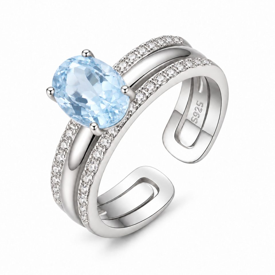 Oval Natural Gemstone Two‑In‑One Split Pavé Adjustable Open Ring