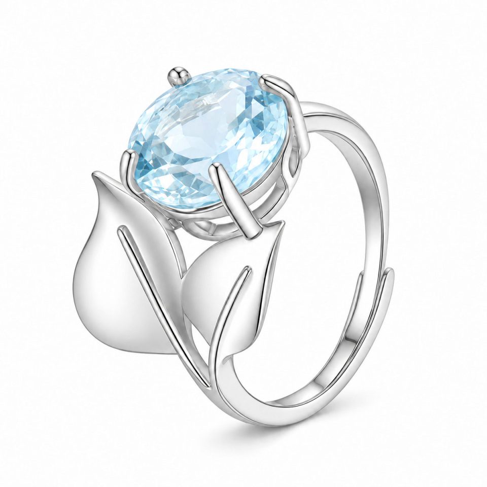 Round Natural Gemstone Leaf Motif Adjustable Open Ring