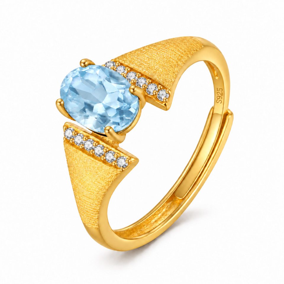 Oval Natural Gemstone Brushed Textured V‑Shaped Adjustable Open Ring