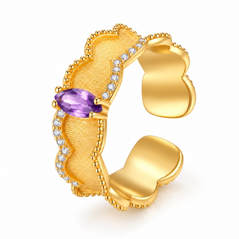 Vintage Textured Open Band Ring With Natural Gemstone