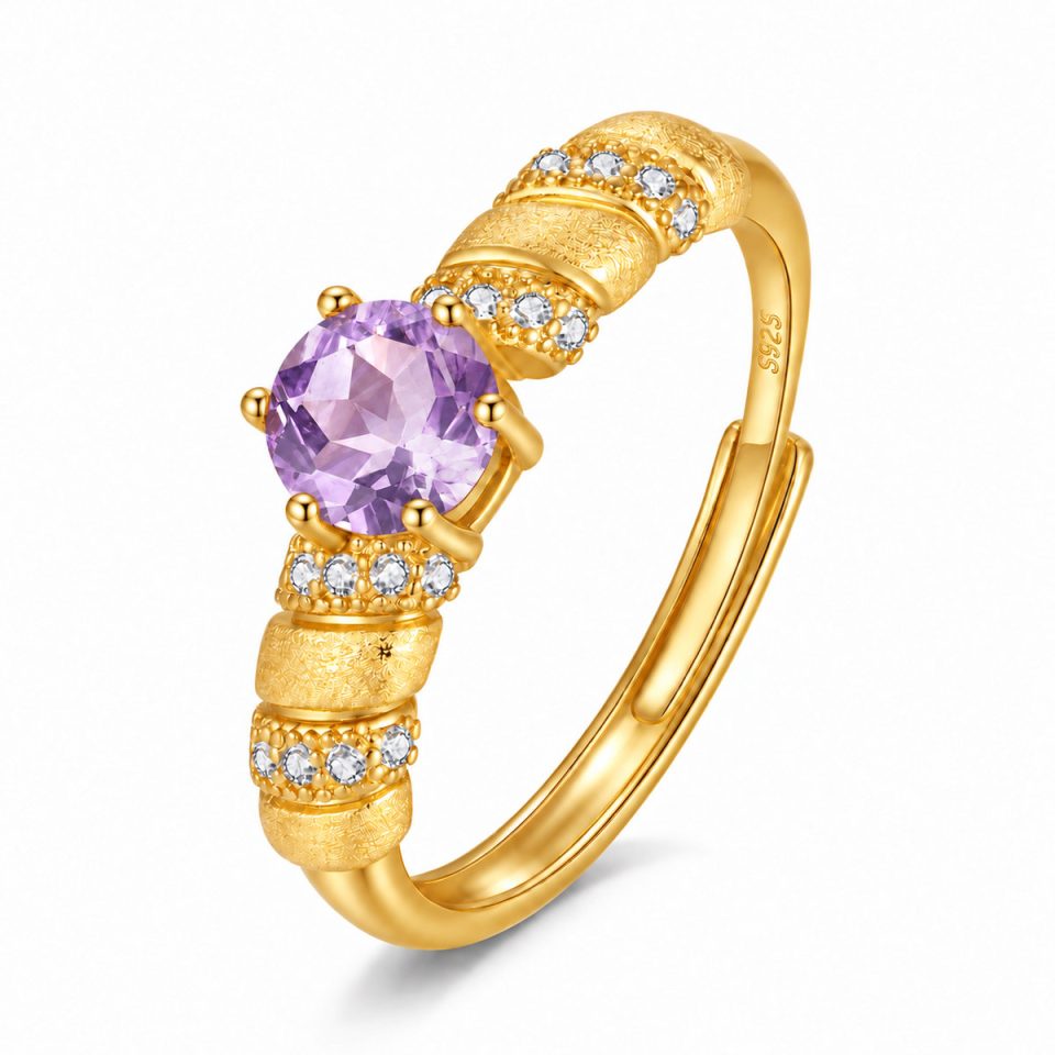 Vintage Brushed Segment Open Ring With Round Natural Gemstone | Gold & Silver