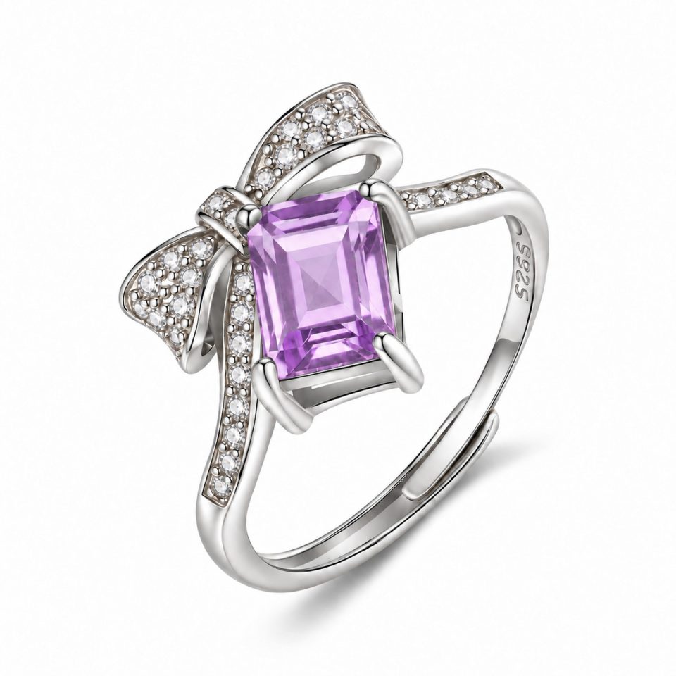 Emerald Cut Natural Gemstone Bow Adjustable Ring