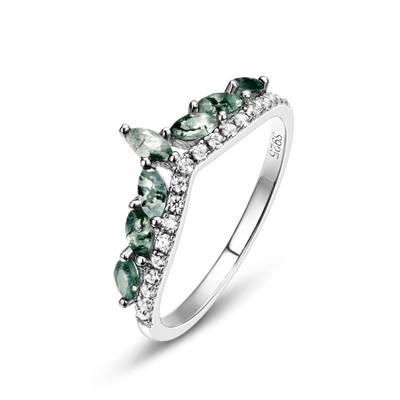Marquise Moss Agate V Shape Adjustable Band Ring