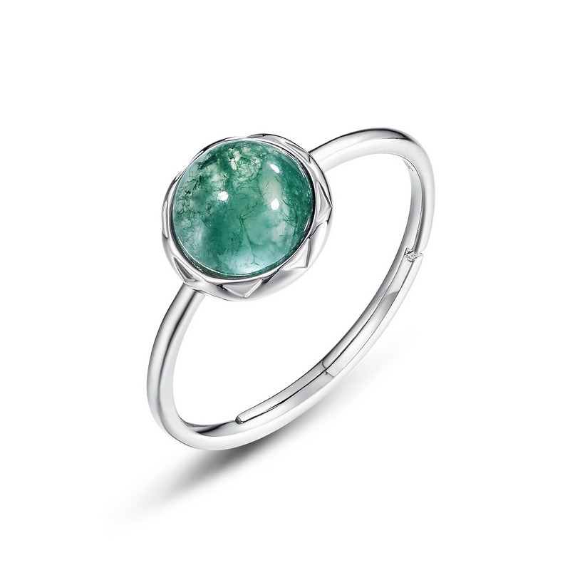 Round Cabochon Moss Agate Simple Bezel Adjustable Ring