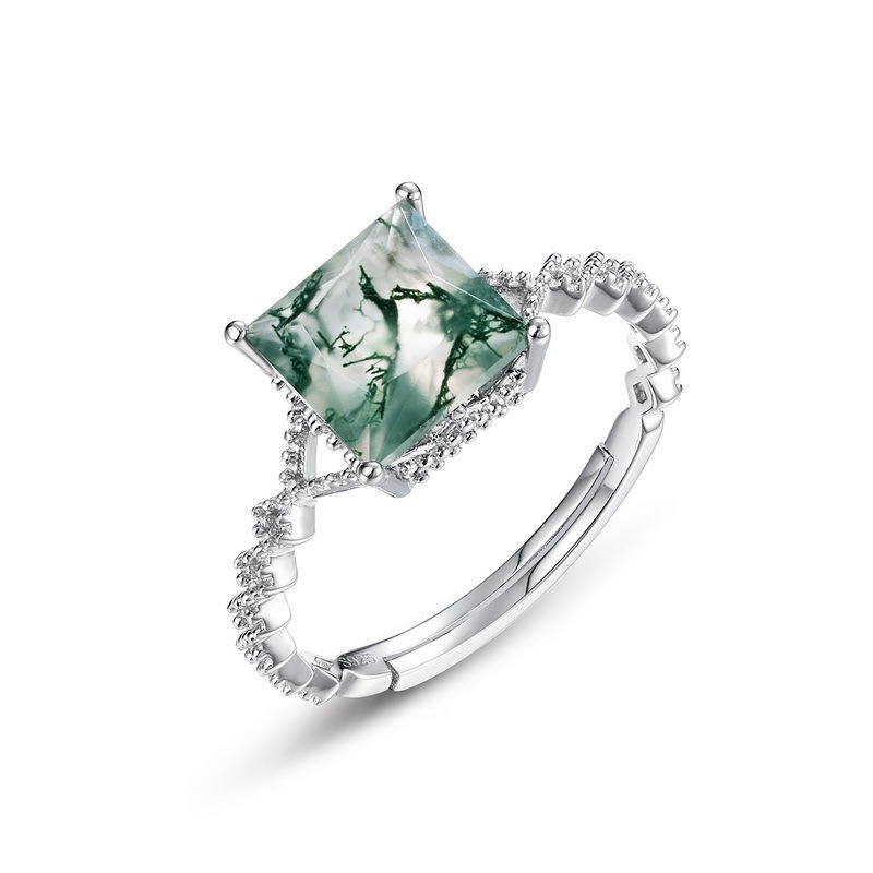 Princess Cut Moss Agate Twisted Paved Zircon Adjustable Ring