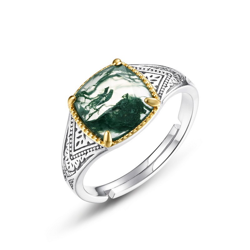 Two Tone Cushion Moss Agate Vintage Engraved Adjustable Ring