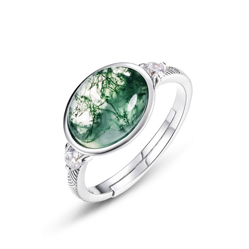 Oval Cabochon Moss Agate Side Zircon Textured Band Adjustable Ring