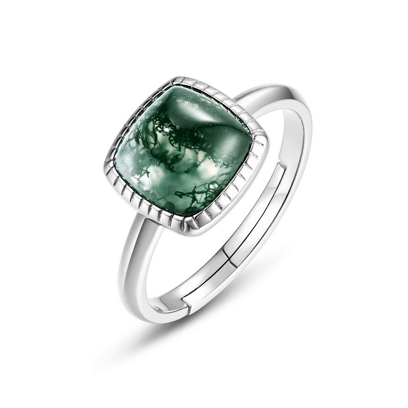 Cushion Cabochon Moss Agate Serrated Bezel Adjustable Ring