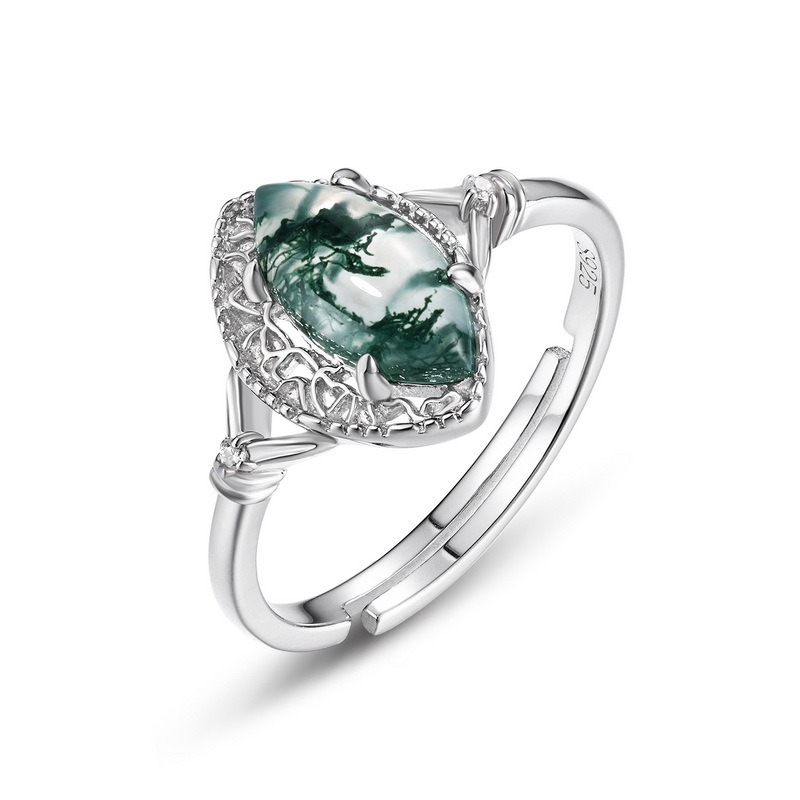 Marquise Moss Agate Filigree Zircon Adjustable Ring