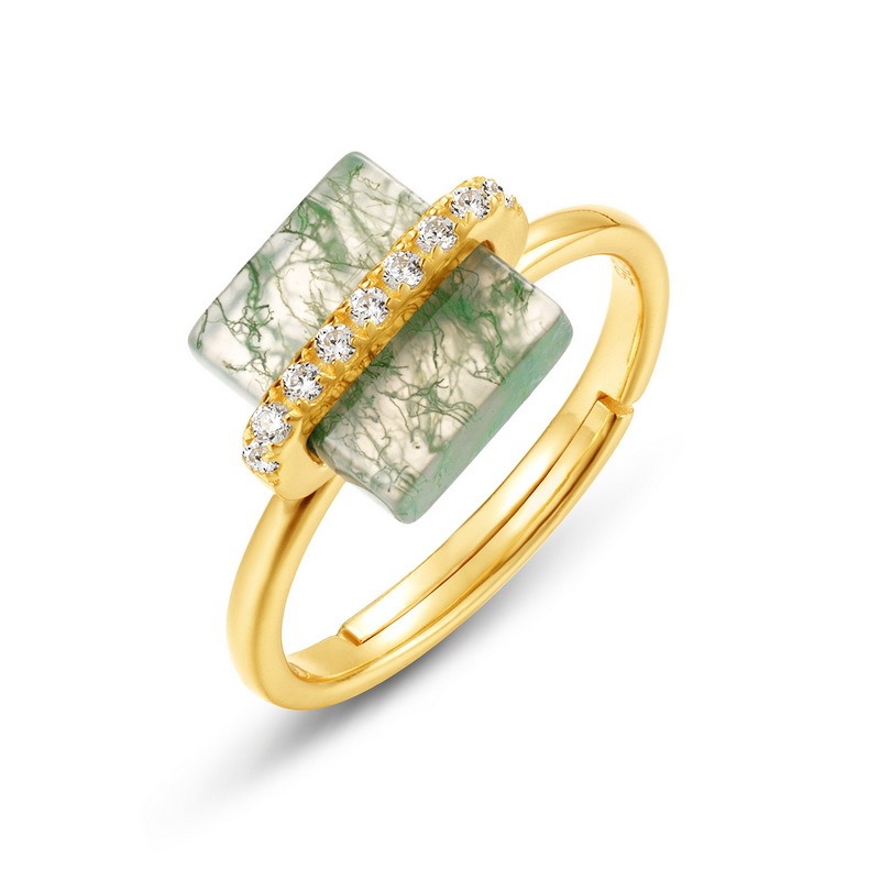 Square Moss Agate Half Paved Zircon Adjustable Ring
