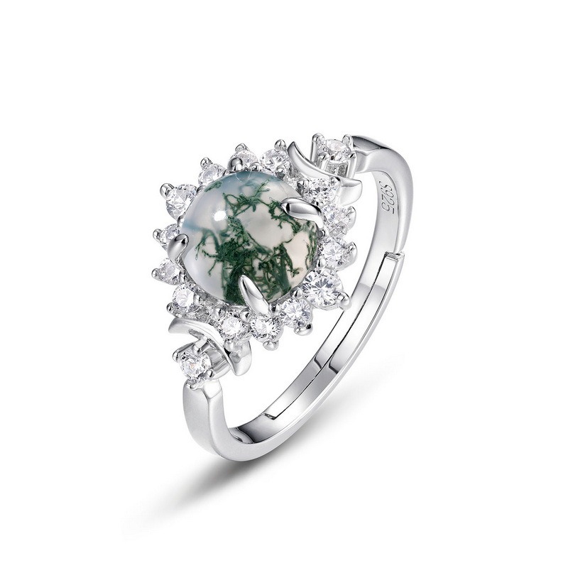 Round Cabochon Moss Agate Sun Halo Zircon Adjustable Ring