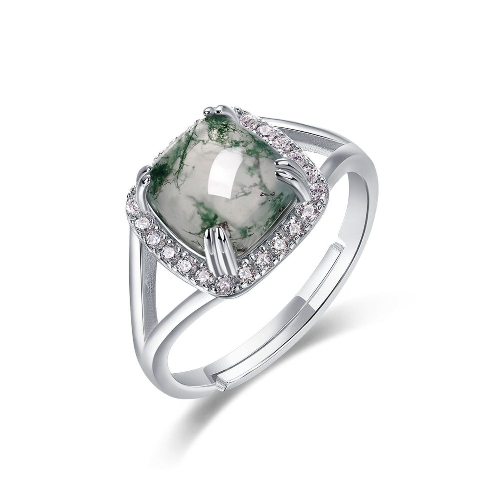 Cushion Moss Agate Halo Zircon Adjustable Ring