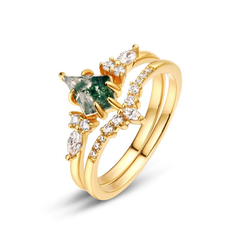 Kite Cut Moss Agate Stackable Two Piece Ring Set