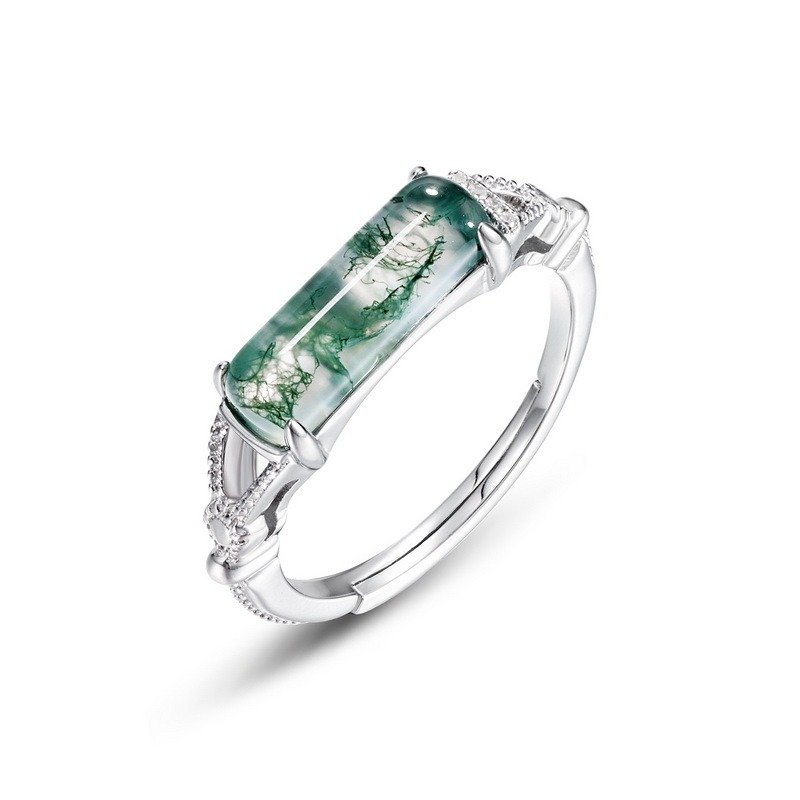 Long Bar Moss Agate Zircon Paved Adjustable Ring