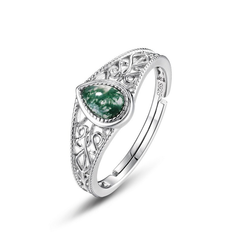 Pear Moss Agate Vintage Celtic Knot Adjustable Ring