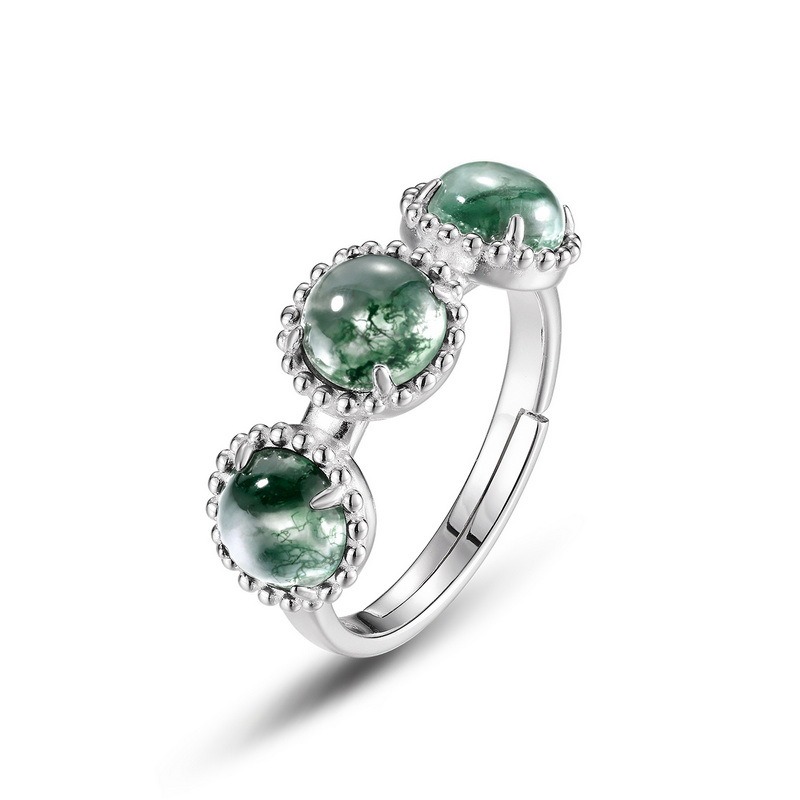 Three Stone Round Cabochon Moss Agate Beaded Frame Adjustable Ring