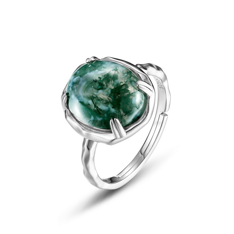 Oval Cabochon Moss Agate Hammered Band Adjustable Ring