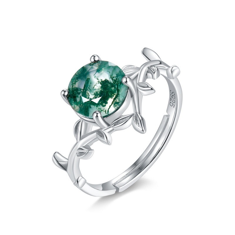 Round Moss Agate Vine Leaf Adjustable Ring