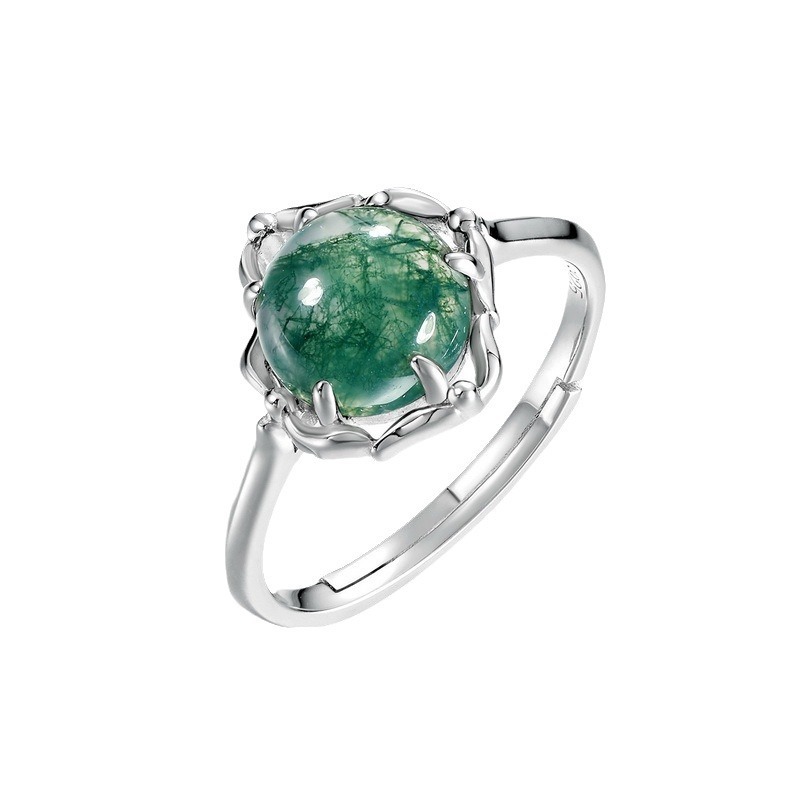 Round Cabochon Moss Agate Flower Bud Adjustable Ring