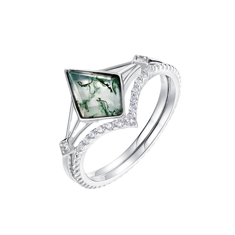 Kite Cut Moss Agate Split Band Zircon Couple Ring Set
