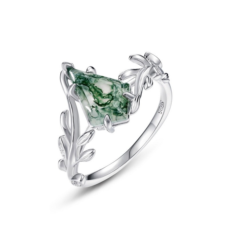 Kite Cut Moss Agate Vine Leaf Statement Ring