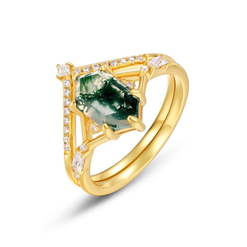 Hexagon Moss Agate Geometric Zircon Statement Ring