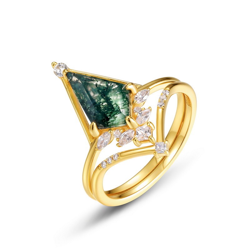 Triangle Moss Agate Zircon Accent Gold Plated Couple Ring