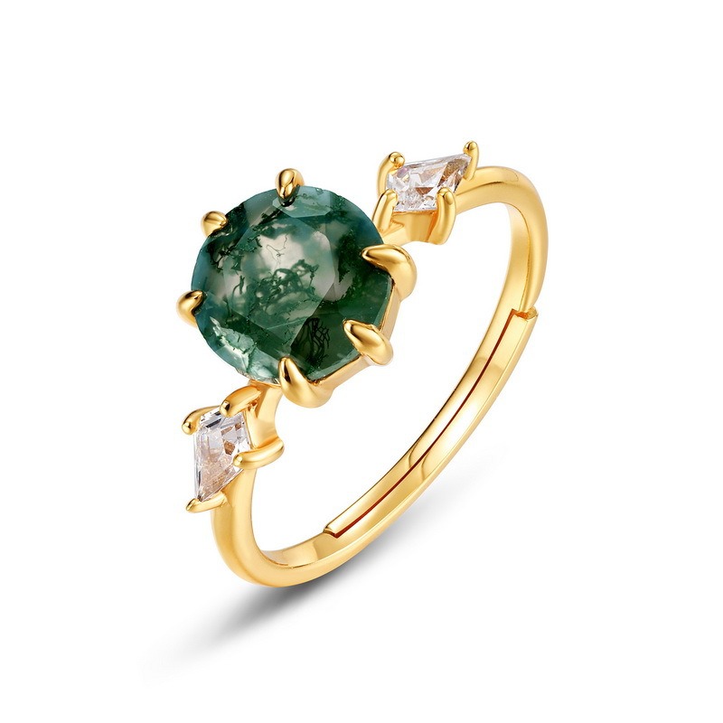 Round Moss Agate Diamond Shape Zircon Adjustable Ring