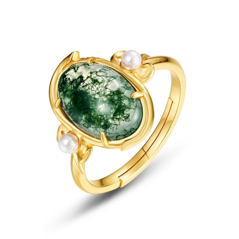 Oval Cabochon Moss Agate Pearl Accent Adjustable Ring