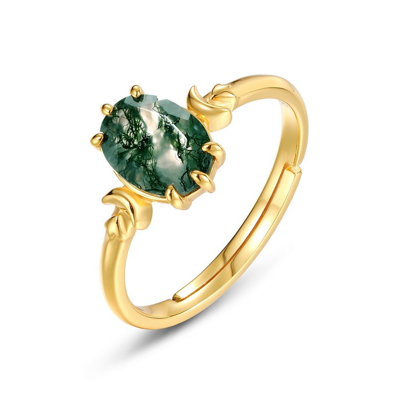 Oval Moss Agate Moon Accent Adjustable Ring