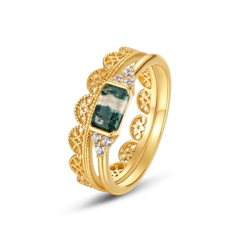 Baguette Moss Agate Lace Filigree Couple Ring