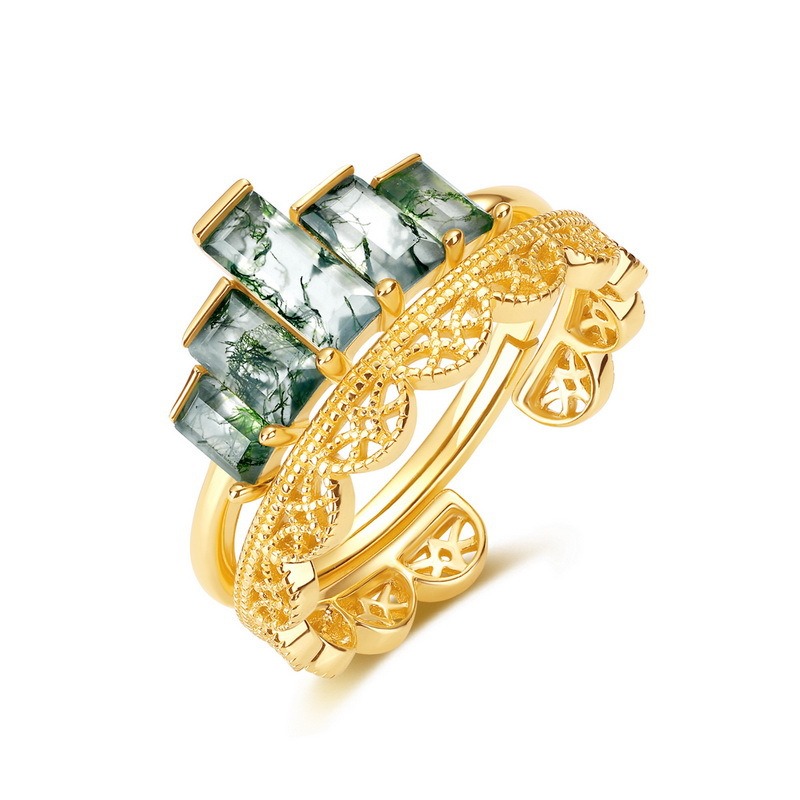 Baguette Moss Agate Filigree Stackable Adjustable Couple Ring