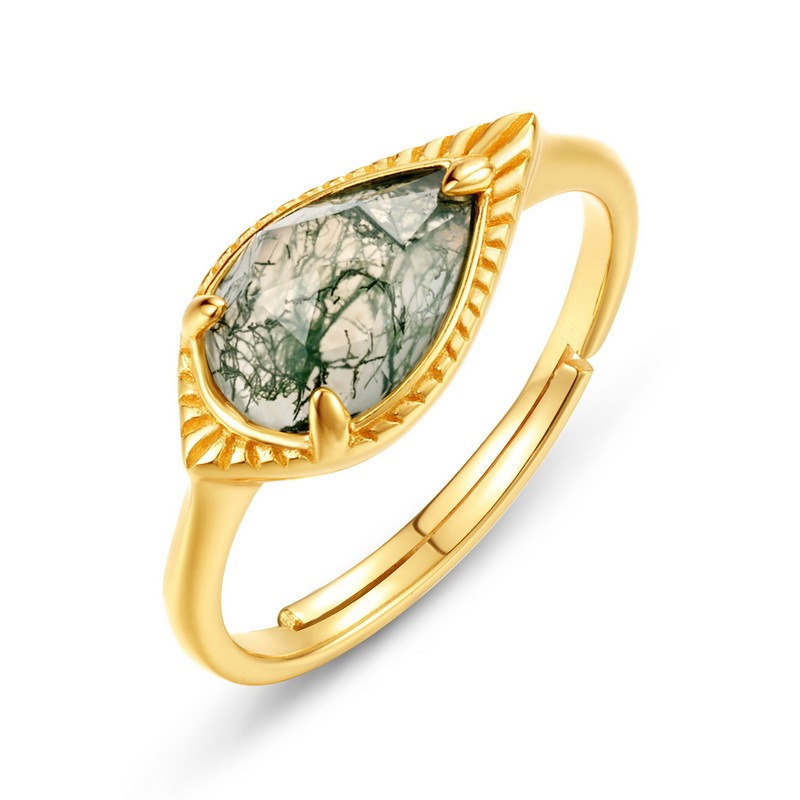 Marquise Moss Agate Sunburst Bezel Adjustable Ring