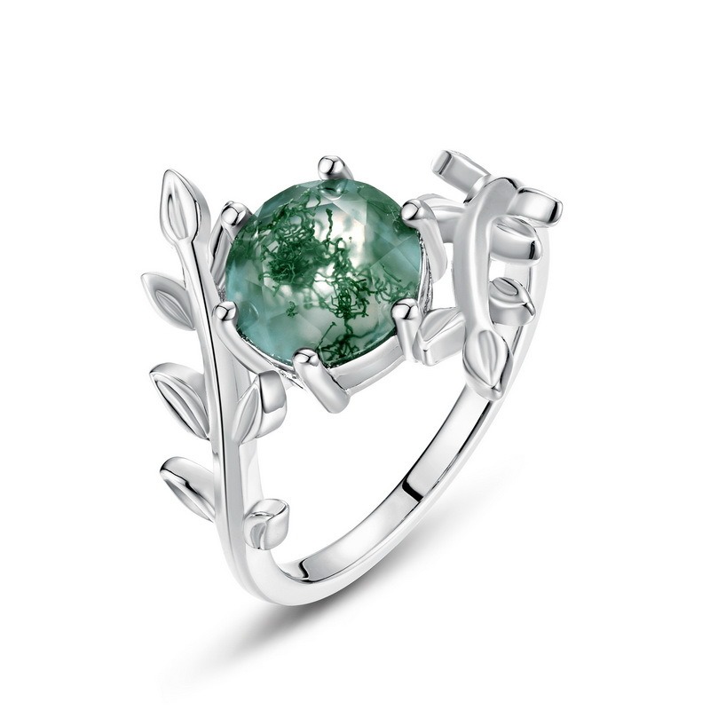Round Moss Agate Leaf Branch Statement Ring