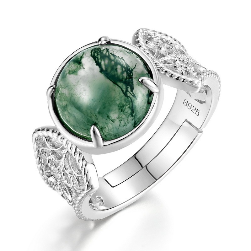 Oval Cabochon Moss Agate Angel Wing Adjustable Ring