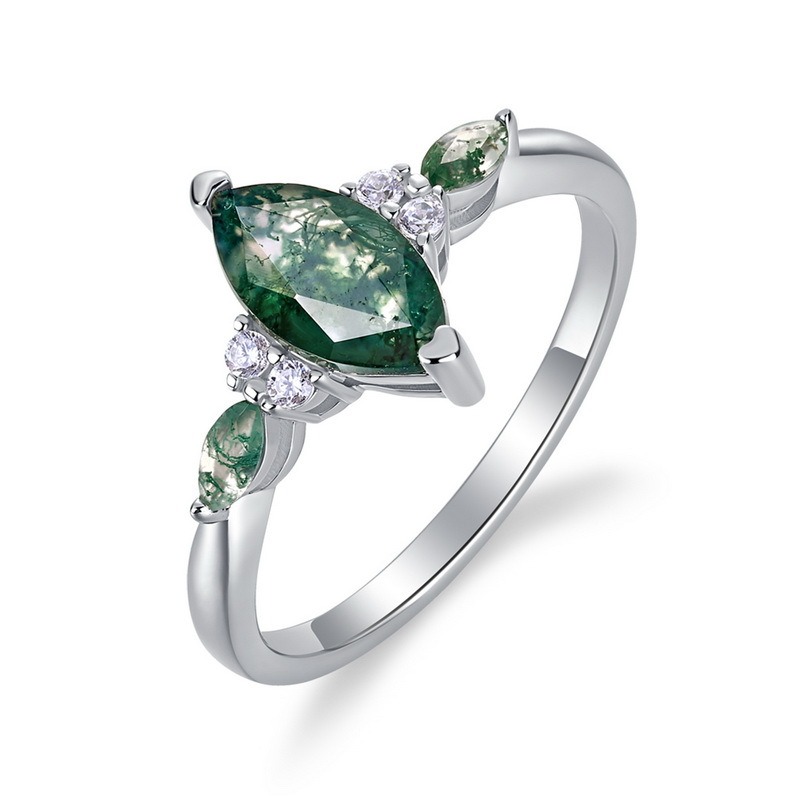 Marquise Moss Agate Three Stone Zircon Accent Ring