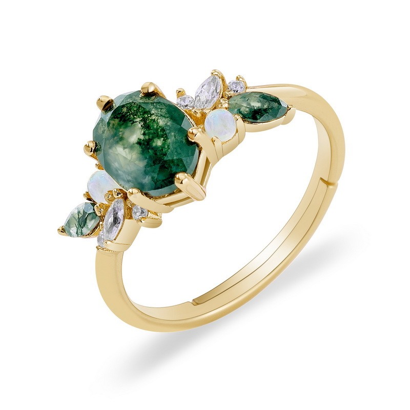 Oval Moss Agate Cluster Opal Zircon Adjustable Ring
