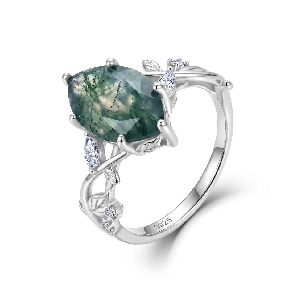 Oval Moss Agate Vine Leaf Zircon Accent Ring